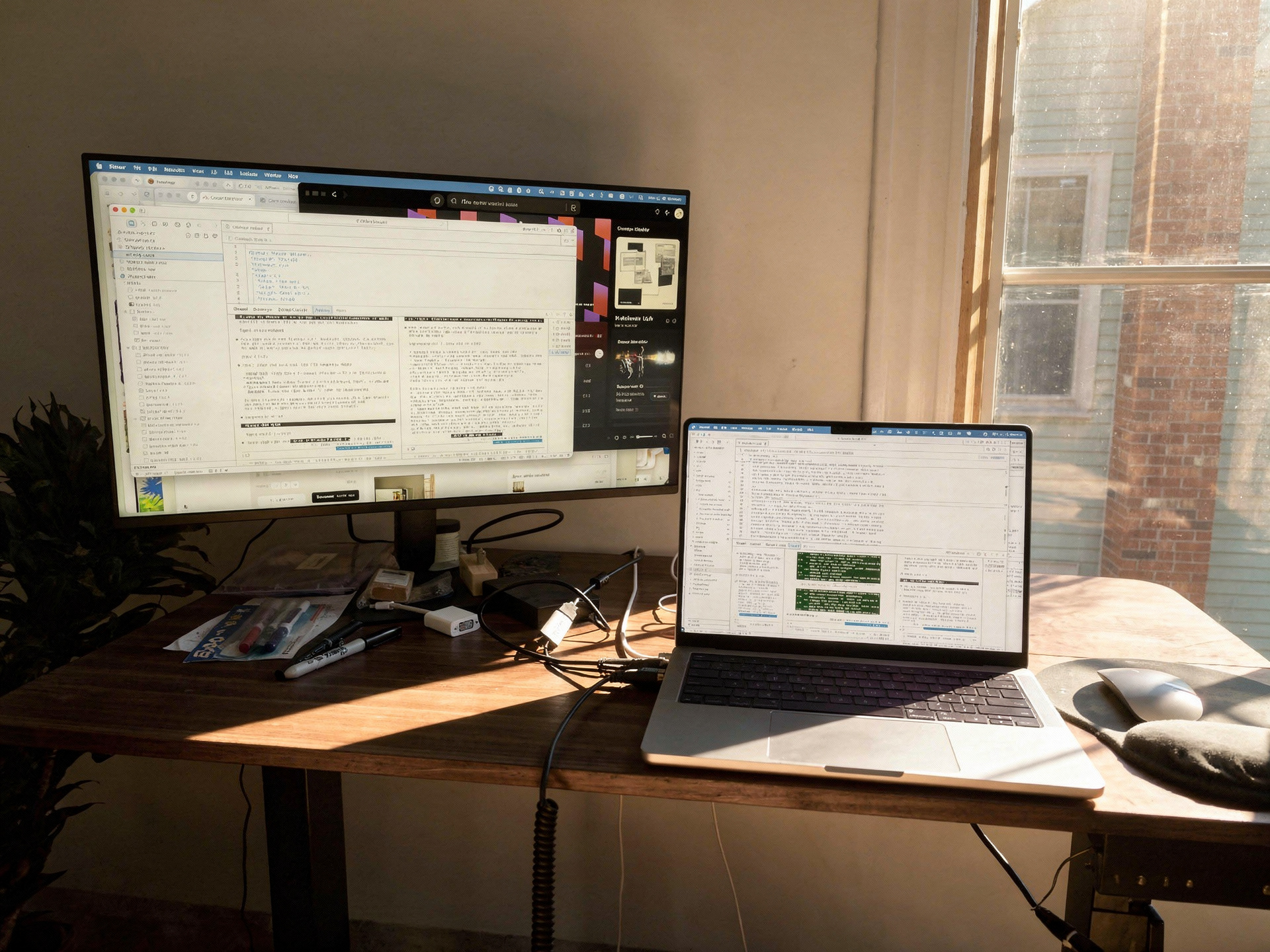 A standing desk with a large external monitor and an open laptop showing code and notes, morning light streaming through a window with a brick building visible outside