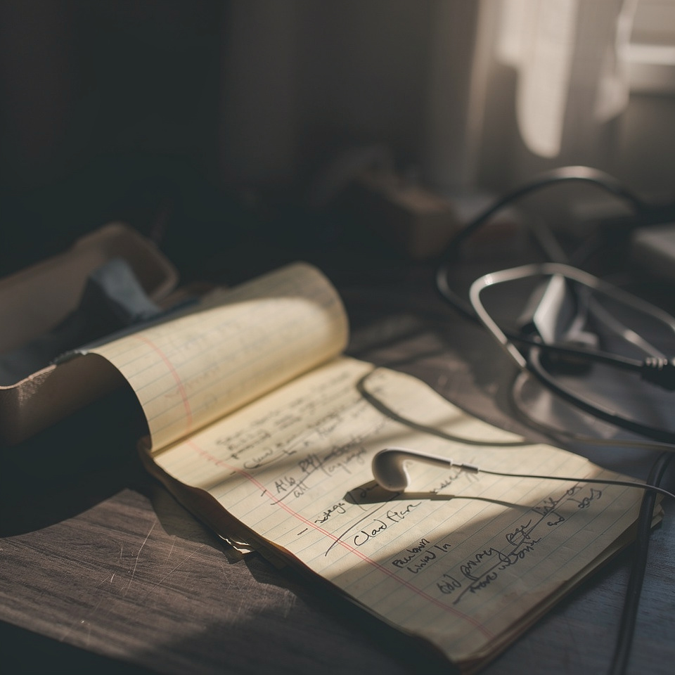 A handwritten notebook open on a desk in warm afternoon light, earbuds resting on the page and eyeglasses in the background